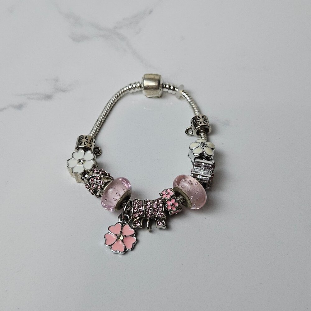 Sterling Silver 925 Pink/White Beaded Charm Bracelet 31.6 Grams
